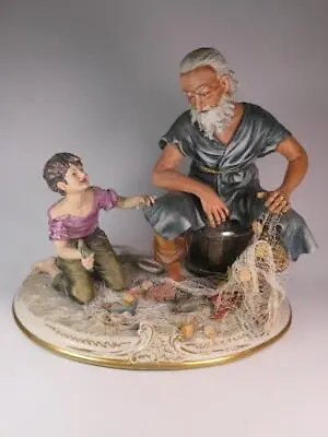 Buy STUNNING LARGE CAPODIMONTE PORCELAIN Figurine Fisherman With Nets And Young Boy • 90£