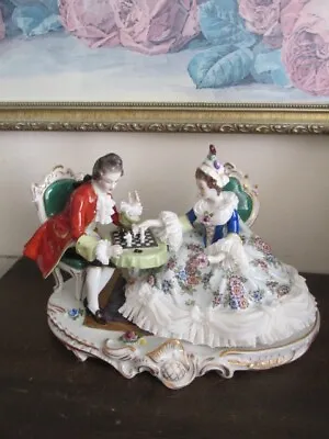 Buy Antique Volkstedt Germany Dresden Lace Porcelain Figurine Couple Playing Chess • 336.26£