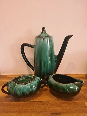 Buy Blue Mountain (Canada) Pottery Coffee Pot Set With Cream Jug & Sugar -Drip Glaze • 30£