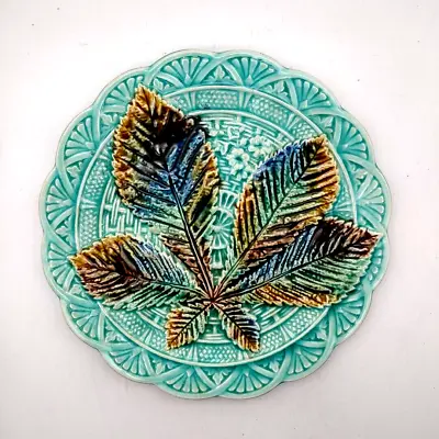 Buy Antique 1926 Majolica Chestnut Leaf Blue Pottery Scalloped Luncheon Plate 8  • 163.83£