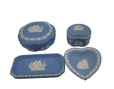 Buy 4 Pieces Of Wedgewood Blue Jasperware Lidded Trinket Box & Dishes • 20£