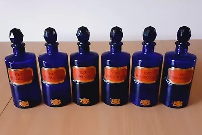Buy Vintage 6x Cobalt Blue Chemist Apothecary Bottles With Labels & Stoppers 1970s • 350£