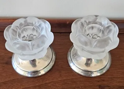 Buy 2 VTG Rose Candle Holders Silver Plate Frosted Glass Candlesticks Made In Italy • 18.03£
