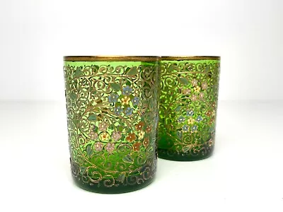 Buy Moser Antique Art Nouveau Bohemian Green Glasses With Gold Gilding And Enamelled • 114£