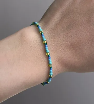 Buy Minimalist Blue Green Small Seed Bead Sterling Silver Stretchy Elastic Bracelet • 2.85£