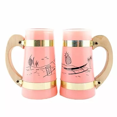 Buy Vintage Siesta Ware Tiki Glass Mugs Frosted Pink Wood Handle Tropical Set Of 2 • 17.29£