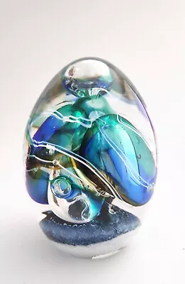Buy Vintage Signed Glass Paperweight. Large. Dome Shaped. Swirls. Aqua, Blue, White. • 14£
