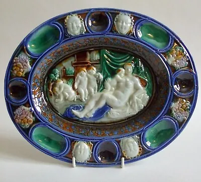 Buy Antique Majolica Oval Dish / Wall Plate Classical Reclining Figure & Putti 25cm • 19.99£