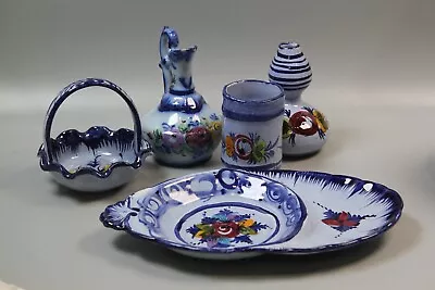 Buy Blue Portuguese Pottery Set With Floral Detail - Candle Holder, Vase, Olive Dish • 5£