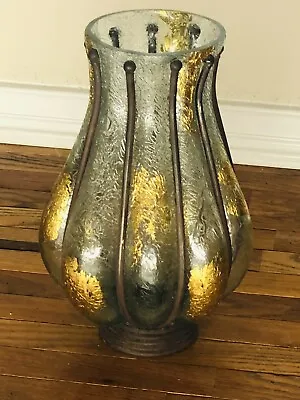 Buy Vintage Glass Crackle Vase Yellow Gold   Leaf Faceted Glass Vase Forged Iron • 283.52£