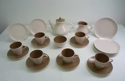 Buy Poole Pottery Twintone Mushroom & Sepia Tea Cups Plates Teapot & Sugar Bowl Set • 25£