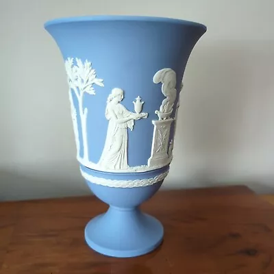 Buy Wedgwood Blue Jasperware Sacrifice Figures Tall 7 1/2  Trumpet Footed Vase 1974 • 22.50£