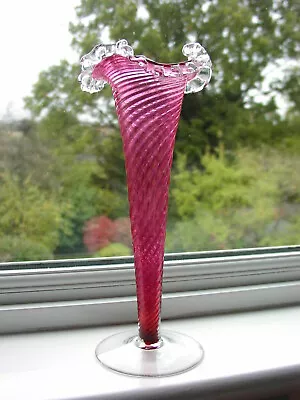 Buy Antique Art Glass Cranberry Red Wavy/Crimped Rim Wrythen Trumpet Vase • 25£