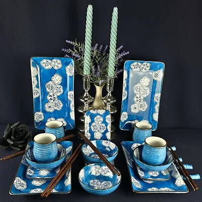 Buy Chinese Floral, Blue & White Ceramic Sushi Dinnerware Set Serves 4 (20Pcs) • 169.86£