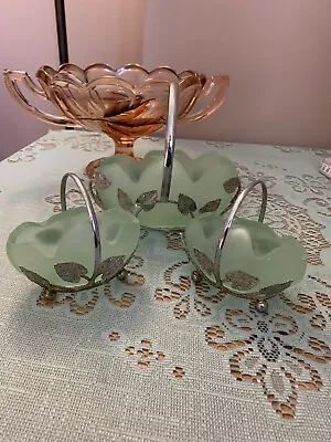 Buy Set Of 3 Bagley Green Frosted Glass Bowls With Chrome Baskets • 12£