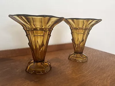 Buy Pair Of Art Deco Amber Glass Vases With Frogs • 19.99£