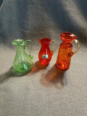 Buy Pilgrim Crackle Glass Small Pitcher Lot Of 3 1960s Orange Green Vintage MCM • 28.45£