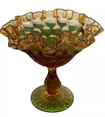 Buy Vintage Fenton Amber Thumbprint Ruffled Art Glass Compote Pedestal Candy Dish • 12.01£