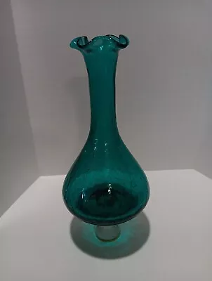 Buy 8  H Hand Blown Blue Green Aquamarine Crackle Glass Vase Ruffled Edge Blenko? • 32.74£