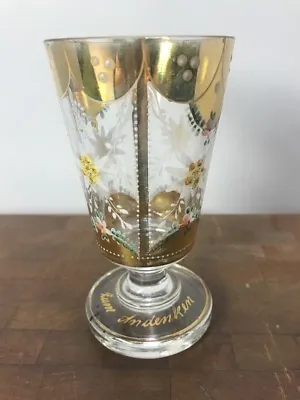 Buy Antique Zum Andenken Bohemian  Enamel Flower Footed Glass Gilt Wine Goblet Glass • 54.55£