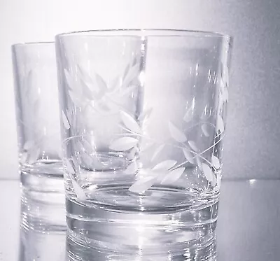 Buy Heavy Pair Lead Crystal Foliate Cut Glass Plain Base Whisky Tumblers 9.5cm, 360g • 17.50£