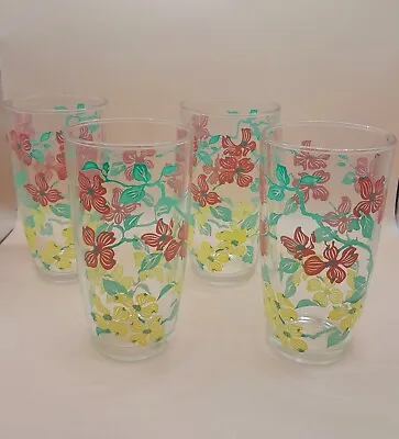 Buy Set Of 4 Vintage Hazel Atlas Pink Yellow Dogwood Flowes Drinking Glasses 1950s • 20.85£