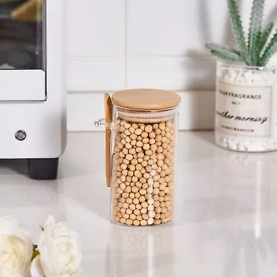 Buy Clear Glass Storage Pantry Jar Kitchen Canister With Airtight Bamboo Lid & Spoon • 8.89£