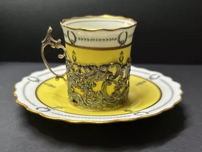 Buy Aynsley Yellow & Gold Coffee Cup And Saucer With Silver Holder Dated London 1907 • 34.99£