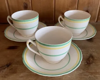 Buy 3 Vintage 1930s Teacup And Saucer Pountney & Co Ltd Yellow Green Stripes Bristol • 16.99£