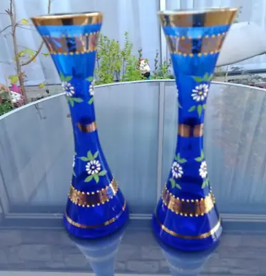 Buy Vintage Pair Cobalt Blue Vases Flower Art Glassware Enamel & Gold Guild Bohemian • 30£