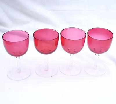 Buy Set Of 4 Antique Cranberry Port / Wine Glasses With Cut Stems • 54.99£