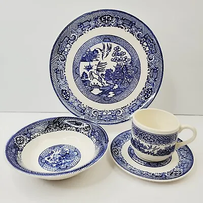 Buy 4 Pc Vintage USA Blue Willow Dinnerware Plate Saucer Bowl Cup Ceramic Set Dishes • 28.46£