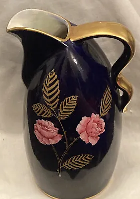 Buy Vintage Crown Devon Fielding Cobalt Blue Gold Pink Rose A535 7in Ceramic Jug • 20£