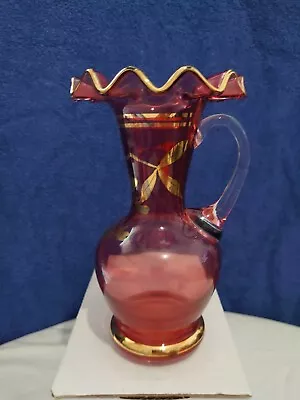 Buy Vintage Hand Blown Cranberry Glass Vase With Ruffled Top Edges 6.5   • 13£