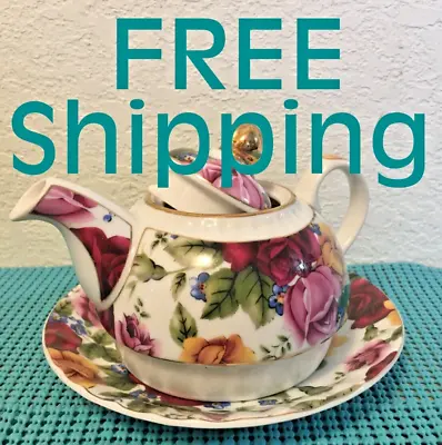 Buy CLEARANCE *Porcelain China Teapot & Plate Floral Print By Popular Imports #TF004 • 16.30£