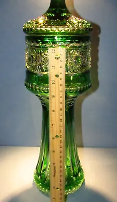 Buy XL 17  BOHEMIA GREEN CRYSTAL Pedestal Jar Lid Urn Vase Hand Cut To Clear Czech • 337.79£