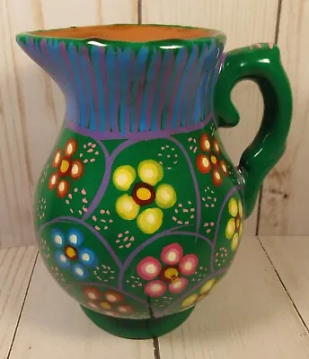 Buy Mexican Pottery Small Pitcher Green Multi-Color Flowers Terracotta 4.5  X 4 . • 10.22£