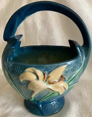 Buy Vintage Roseville Blue Zephyr Lily Handled Basket 393-7” Art Pottery 7.75x6.5” • 96.10£