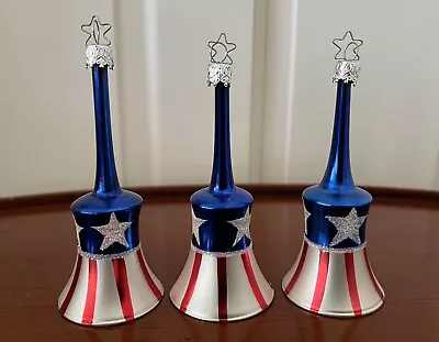 Buy Vintage Americana Glass Bell Ornaments X 3 Red, White And Blue Stars & Stripes • 33.21£