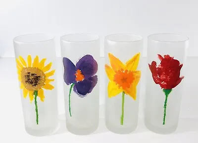 Buy Dartington Designs, Hand Painted Flower Design Frosted Highball Glasses X 4 • 18.50£