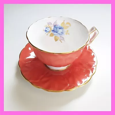 Buy Aynsley Bone China England Tea Cup & Saucer Orange Blue Cabbage Roses Gold Trim • 25.52£
