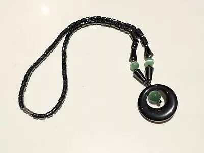 Buy Boho Hippie Reiki Hematite And Green Moonstone Glow Glass Beaded Necklace • 5.99£