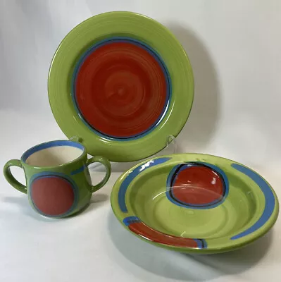 Buy Gail Pittman Pottery Creation Green Red Childs Mug Bowl Plate Set RARE 2001 VTG • 36.60£