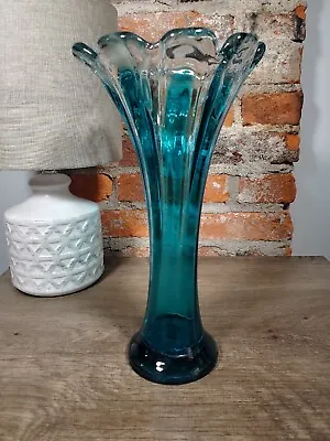 Buy Hand Blown Studio Art Glass Heavy Stretch Vase 11.5in Blue And Clear Cracked • 66.40£