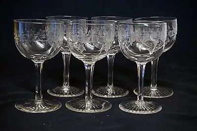 Buy Crystal Glass  A Set Of 6 Vintage Etched Wine Glasses • 29.99£