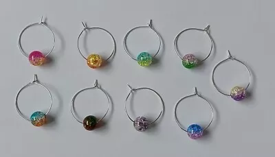 Buy 9 Wine Glass Markers Rings Silver With Multi Coloured Crackle Beads • 5.25£