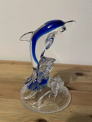 Buy Large Blue And Clear Glass Leaping Dolphin Ornament / Figurine • 10£