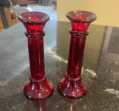 Buy Indiana 7 3/4” Tall Glass Ruby Red Candlesticks Taper Candles • 12.29£