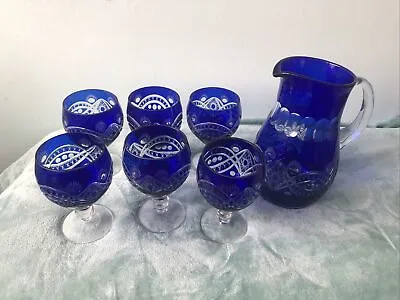 Buy Set Cobalt Blue Bohemian Cut Glass Pitcher & 6 Stemmed Rounded Wine Glasses Used • 15£
