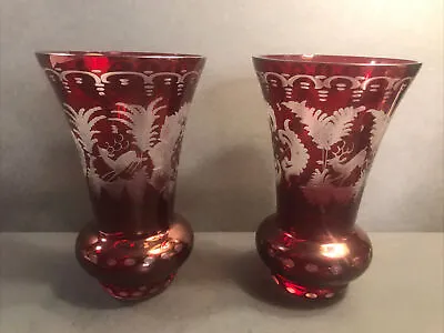 Buy Pair Of Antique Bohemian Glass Vase/Ruby Red/Etched Glass/DeerCastle/C1920/Czech • 285.56£